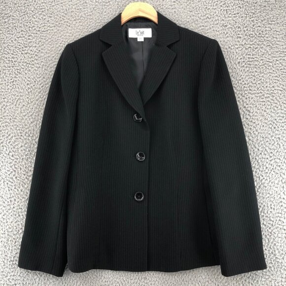 Le Suit Blazer Womens 10 Petite Black Pinstripe Pocket Button Office Career Work - Picture 1 of 10